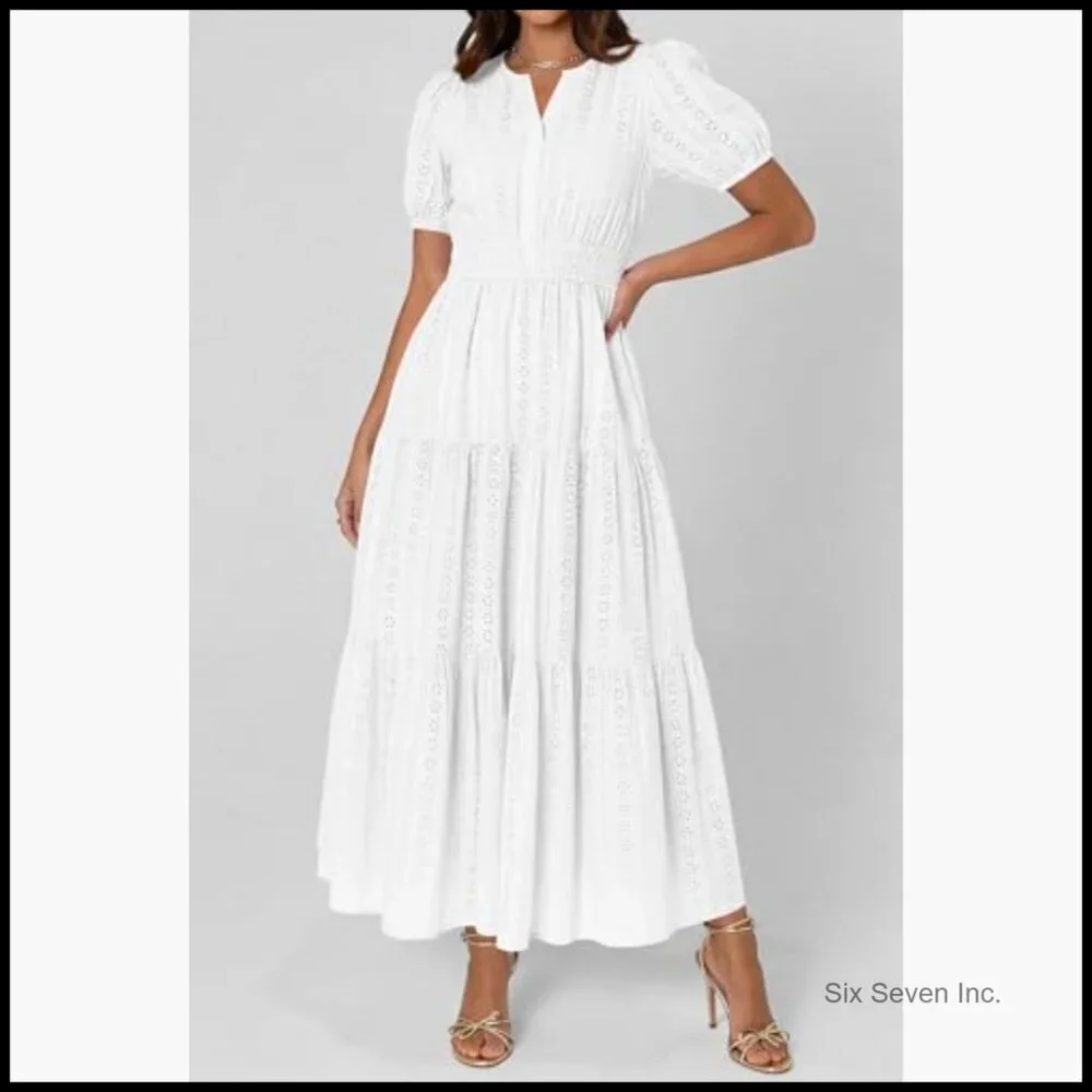Cotton Maxi Dress with Puff Sleeves V Neck Smocked Waist Flowy Eyelet - Picture 2 of 7